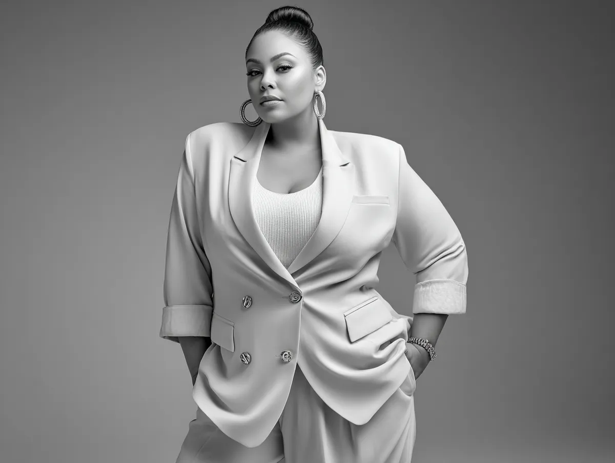studio portrait of a confident plus size woman in a tailored monochrome pantsuit, soft studio lighting, minimalist neutral background, elegant pose, natural makeup, sophisticated fashion photography, crisp textures and refined detailing