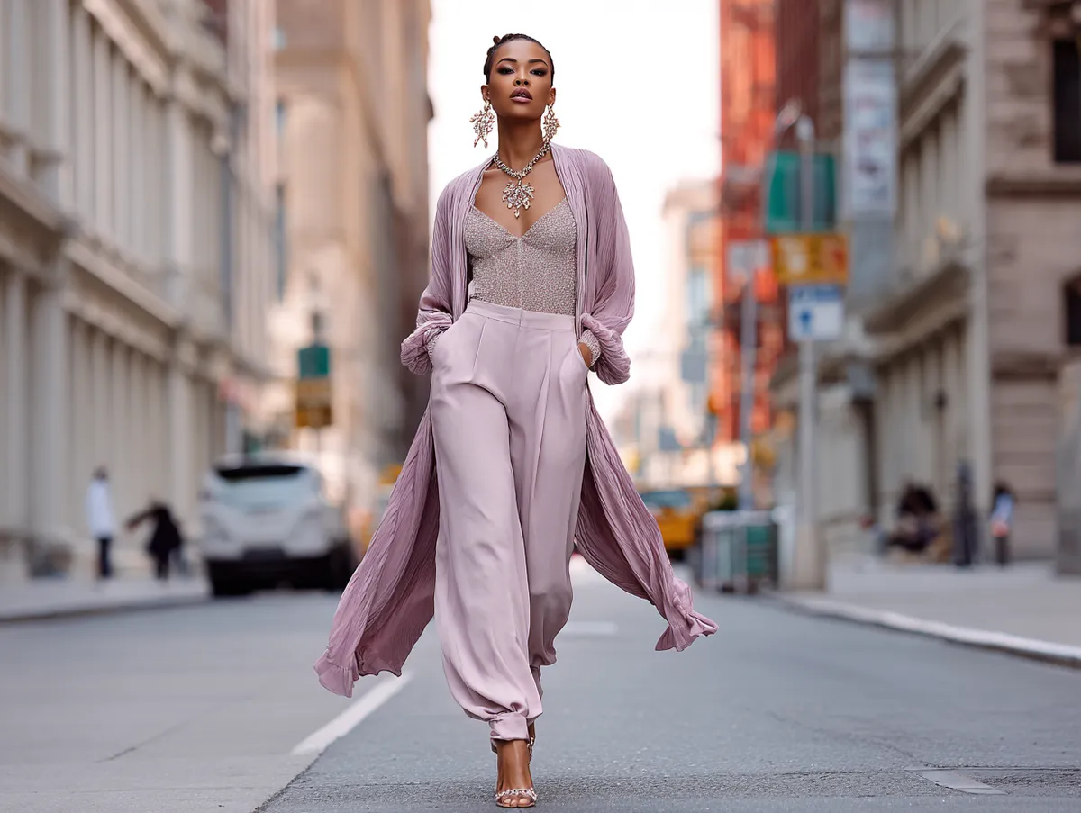 A tall supermodel walking confidently through a chic metropolitan street in daylight, wearing flowing pastel outfit ideas with shimmering statement earrings, full-length body shot, no sitting, vibrant city backdrop, soft natural lighting, fashion photography style