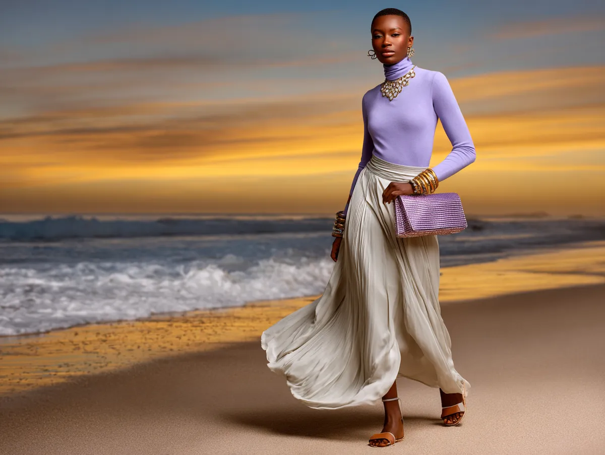 A tall supermodel walking along a sandy beach at sunset, dressed in pastel outfit ideas flowing in the breeze, paired with bold statement bangles and striking clutch bag, full-length photo shoot, warm golden tones, ocean waves in the background, no sitting