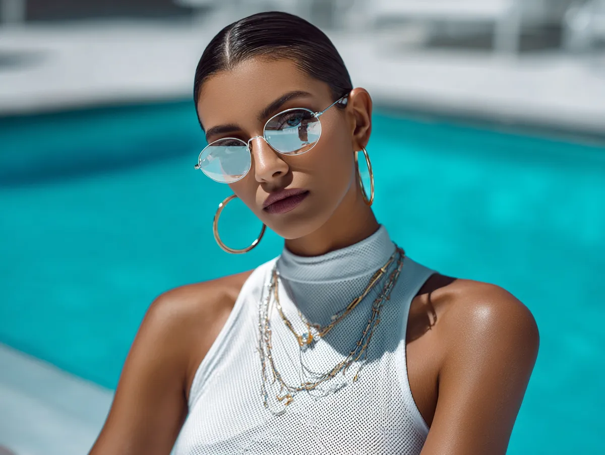 Trendy pool party fashion with a sporty chic twist, woman in a sleek one-piece swimsuit paired with mesh shorts and sneakers, minimal jewelry, futuristic sunglasses, vibrant poolside energy, lifestyle editorial shot