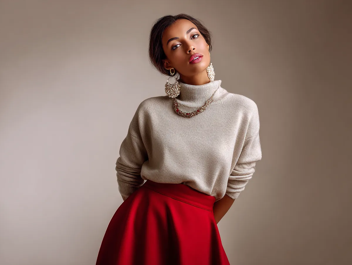 studio portrait of a stylish woman wearing a red midi skirt paired with a soft beige sweater, natural studio lighting, minimalist background, warm tones, cozy autumn aesthetic, elegant pose, neutral makeup and textured fabrics