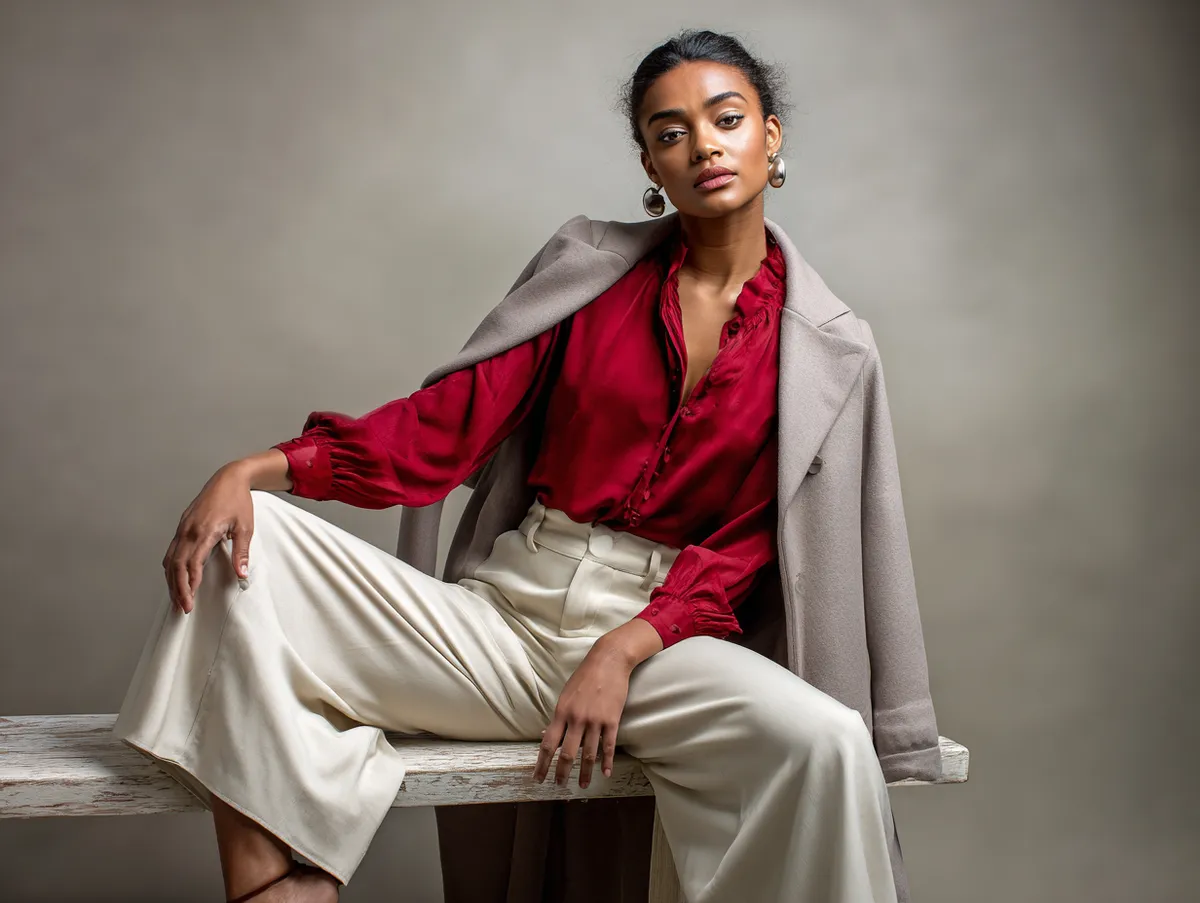 studio portrait of a modern woman dressed in red blouse and cream wide-leg trousers layered with taupe coat, soft neutral lighting, minimalist background, elegant editorial fashion photography, calm and sophisticated aesthetic