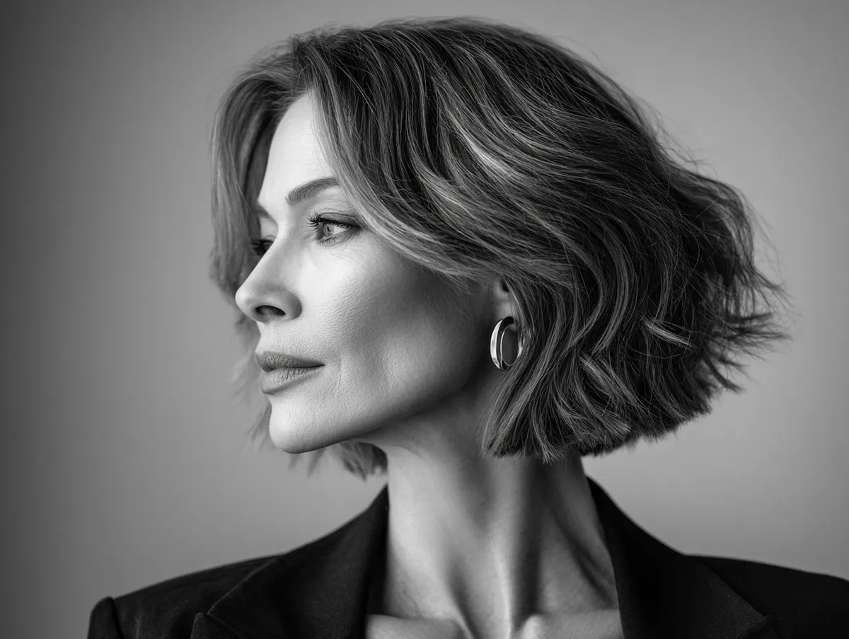 High-fashion editorial portrait of a confident woman in her 40s with shoulder length hairstyles for fine hair, layered with precision. Strong lighting accentuates the movement and texture of the cut. Minimalist studio backdrop with soft neutral tones. The wardrobe is tailored and chic, balancing sophistication with edge.