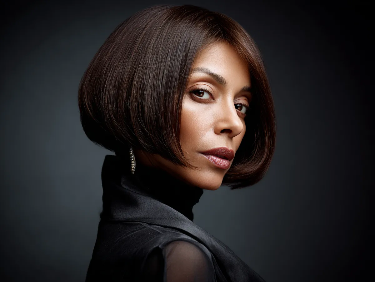 Dramatic high-fashion portrait of a poised woman in her 40s with shoulder length hairstyles for fine hair styled sleek and glossy. Bold directional spotlight creates sharp shadows and a cinematic vibe. A modern black outfit with clean lines emphasizes confidence and individuality.