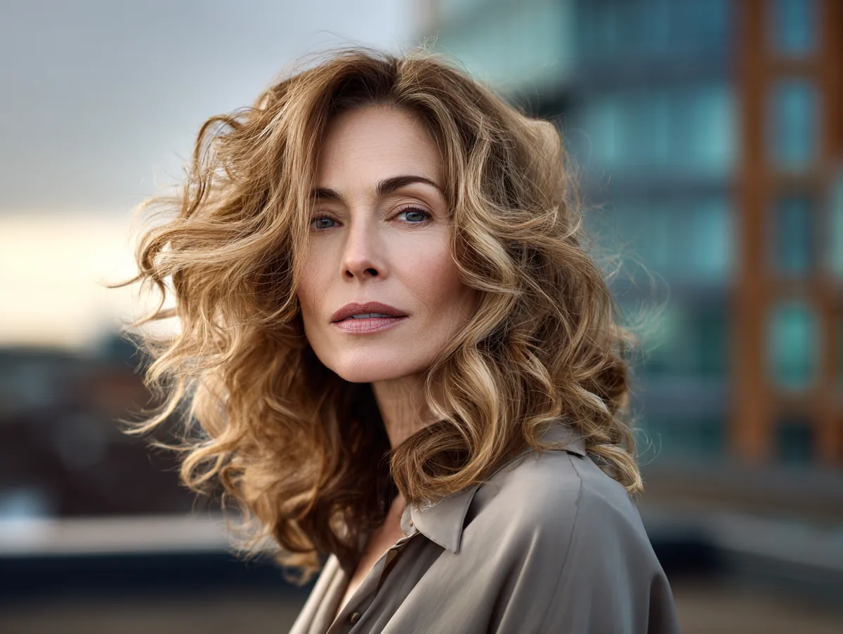 Editorial-style capture of a stylish woman in her 40s wearing shoulder length hairstyles for fine hair styled in loose soft waves. Natural glow lighting enhances hair texture and elegance. Urban rooftop at golden hour adds drama, while the outfit is modern and fluid, complementing the movement of the hair.