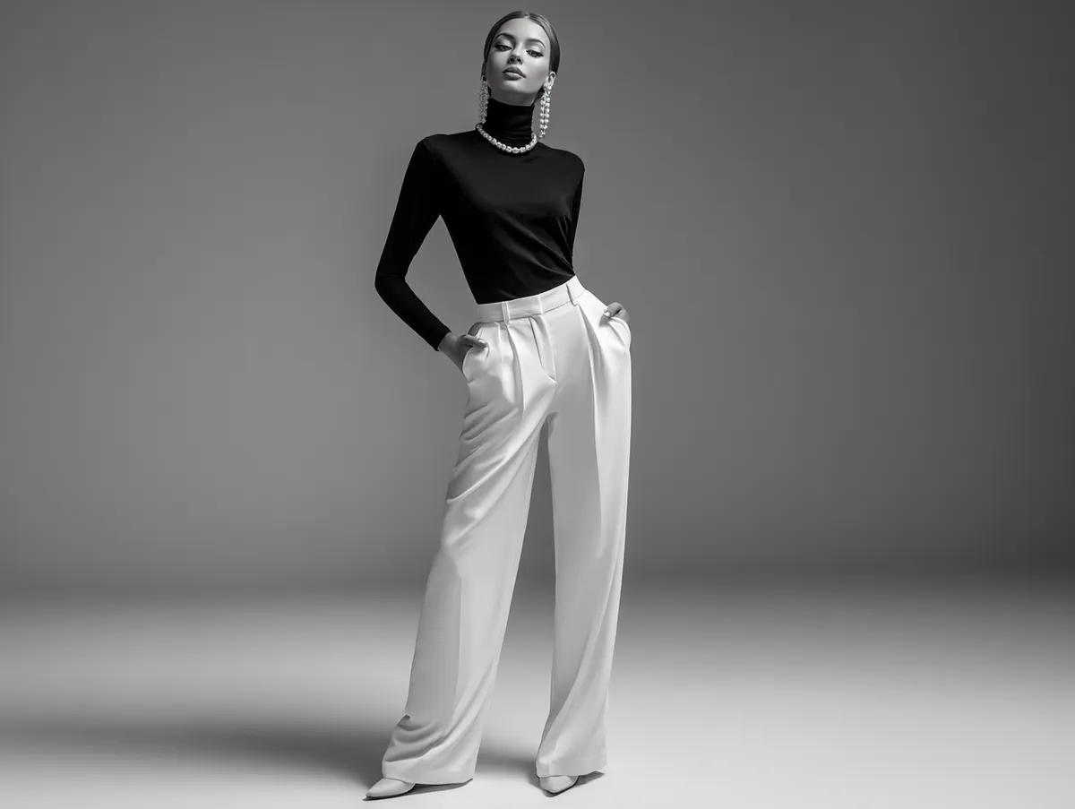 A standing fashion model in a studio wearing a modern monochrome outfit in black and white, sleek tailored pants, minimalist accessories, catalog photography style, strong confident posture, standing pose only.