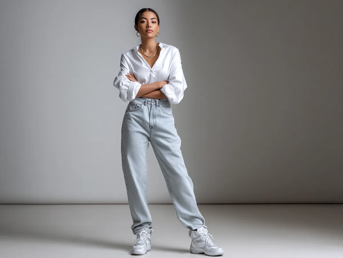 A young woman standing confidently in a modern studio setup wearing a minimalist street-style outfit with high-waisted jeans, crisp white shirt, and statement sneakers, professional clothing catalog photography, standing pose only.