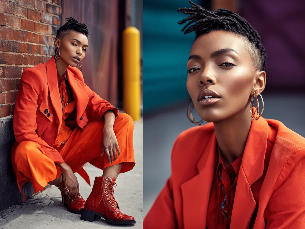 Dynamic street-style editorial featuring a model in sharp tailored clothing with short locs styled for bold structure and volume, striking poses in an urban backdrop with creative shadows and neon reflections, hair as the focal point of modern identity and fearless self-expression.