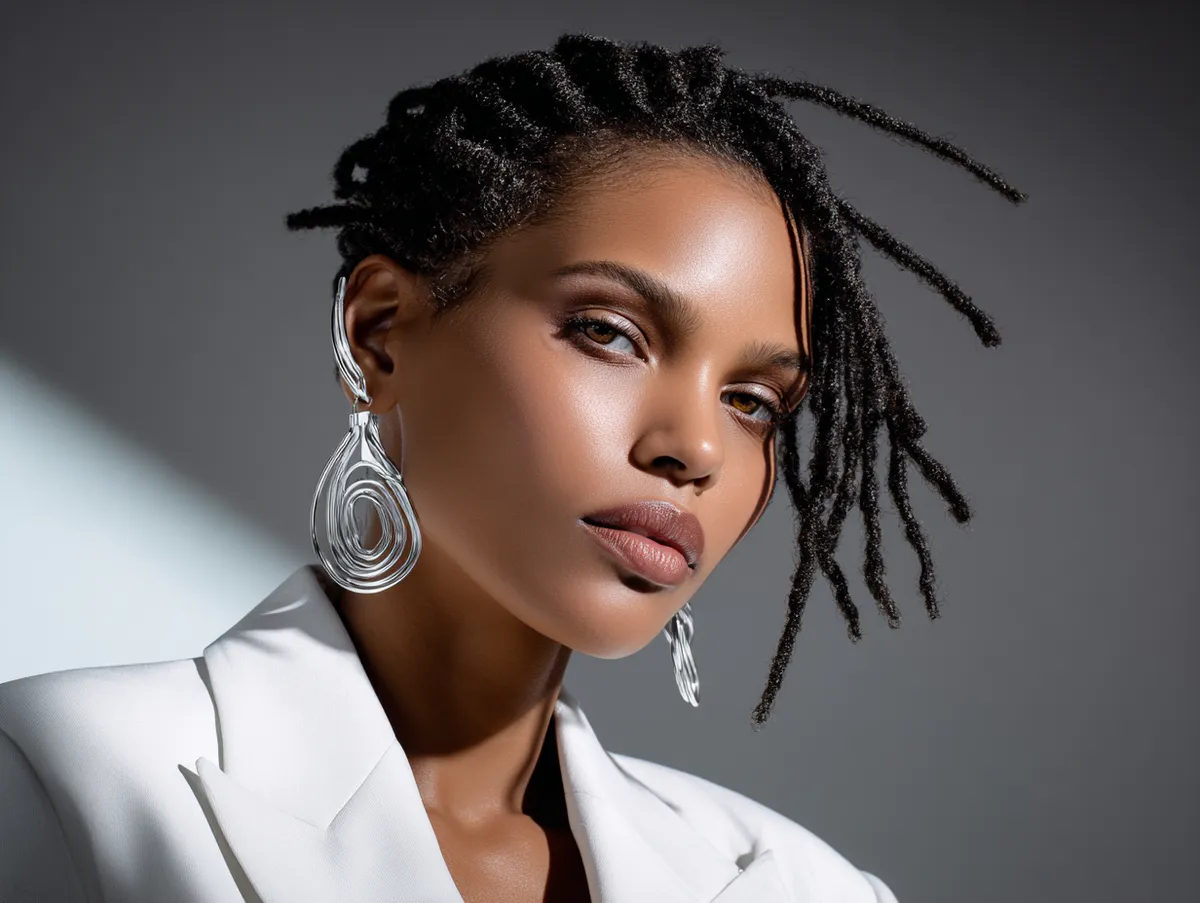 High-fashion editorial shot of a confident model with sharp, sculpted short locs, bold angles, and sleek wardrobe pieces, emphasizing clean textures and movement in the hair, dramatic spotlight lighting with minimalistic studio backdrop, showcasing individuality and modern style.