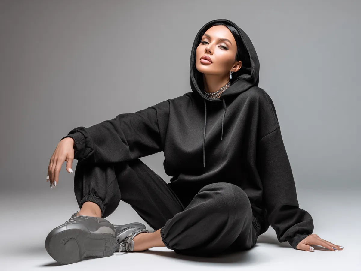 Catalog fashion photo of a stylish model wearing slim black trousers with an oversized street hoodie casual studio shoot with soft lighting minimalist background relaxed urban vibe