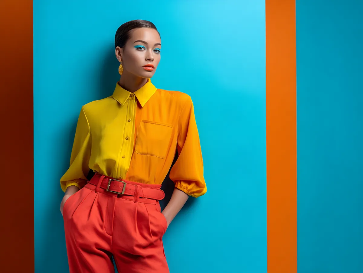 Catalog fashion photo of a model in tailored trousers with a vivid bright blouse vibrant studio setting clean minimal composition strong emphasis on color contrast