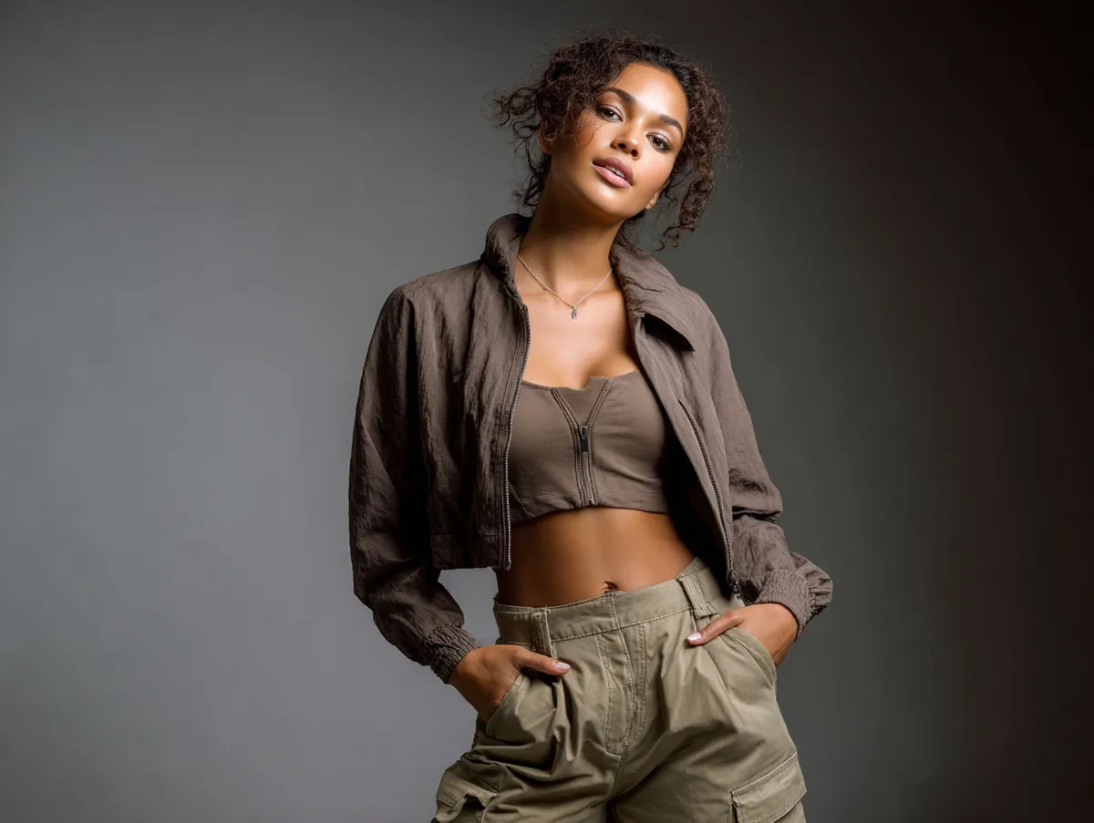 Clothing catalog photo shoot of a confident young woman wearing tailored cargo trousers with a cropped streetwear jacket modern city-inspired studio background soft lighting focus on details