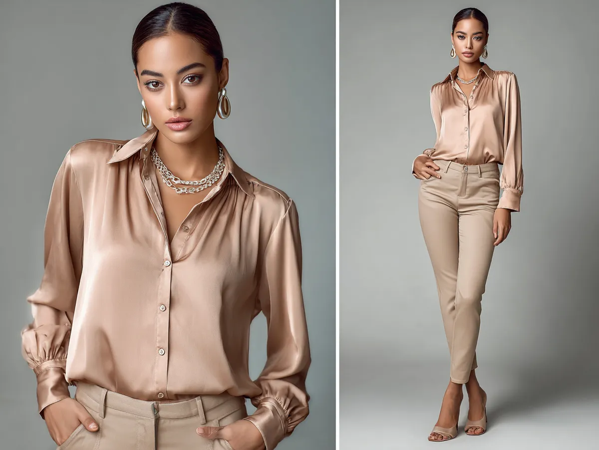 Clothing catalog photo shoot featuring a model wearing slim trousers styled with a flowing silk shirt studio lighting minimal background emphasis on fabric texture high fashion look full body shot