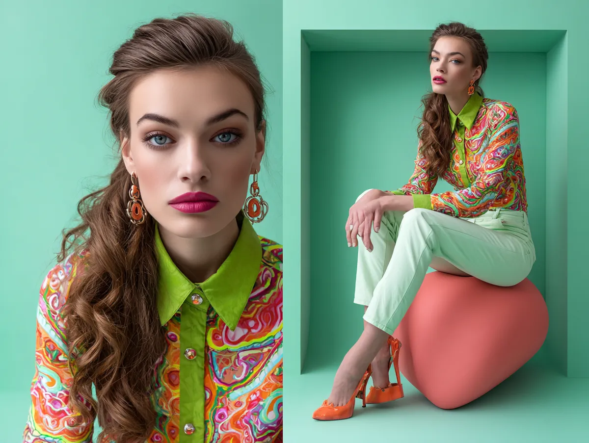 Fashion catalog shoot of a young woman in slim trousers styled with a vivid bright statement top vibrant studio setting clean modern photography emphasis on colors