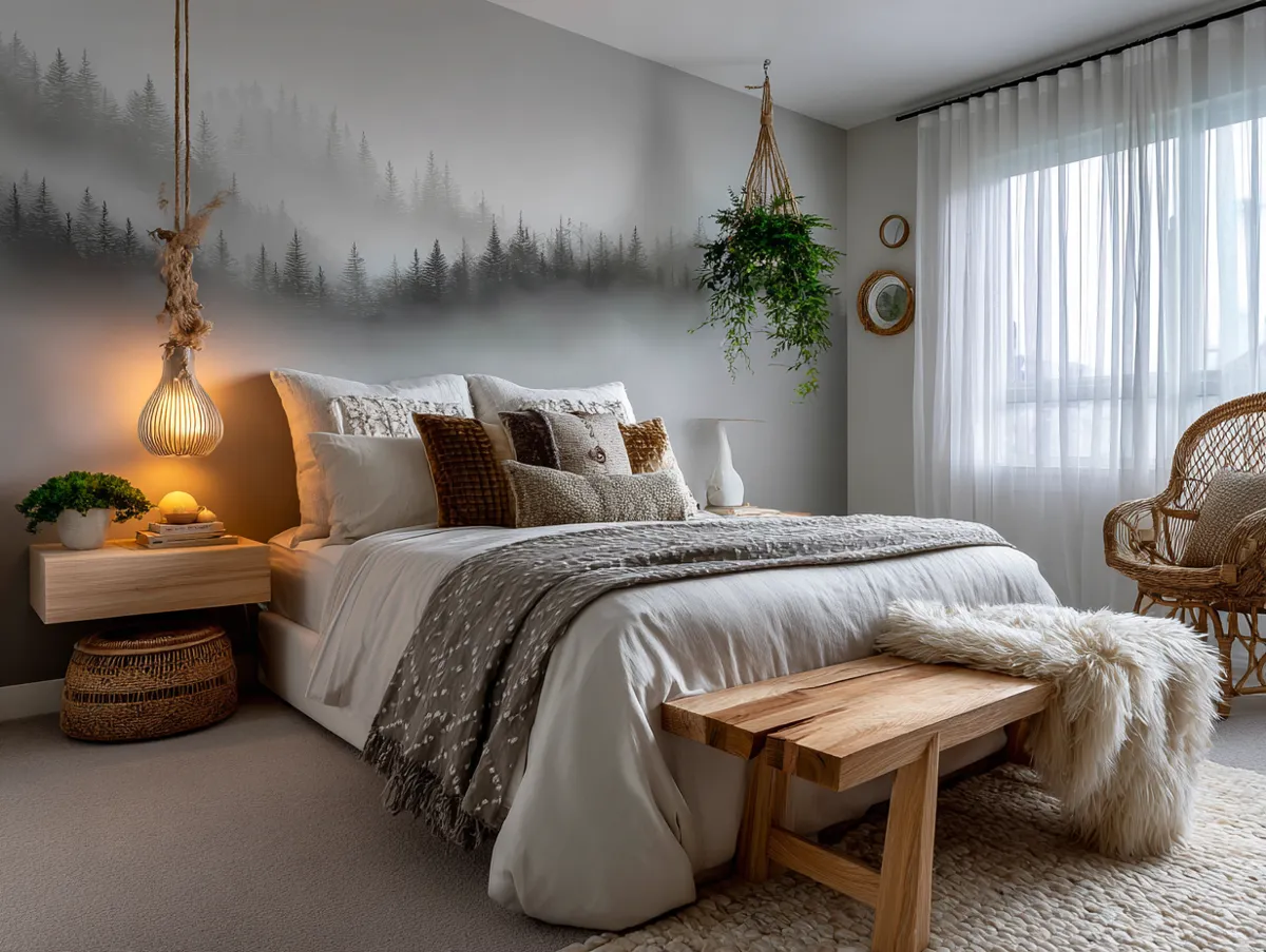 A cozy modern bedroom with a hand-painted mural of misty mountains and forest silhouettes, soft morning light through sheer curtains, natural textures, and a calming atmosphere evoking serenity.