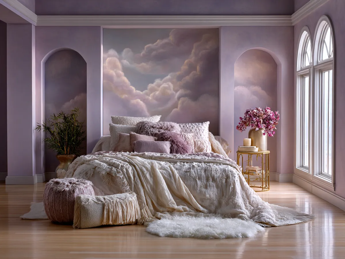 A softly lit bedroom with pastel pink, lavender, and cream wall gradients, floral brushwork, and a dreamy, elegant atmosphere reminiscent of watercolor clouds at dusk.