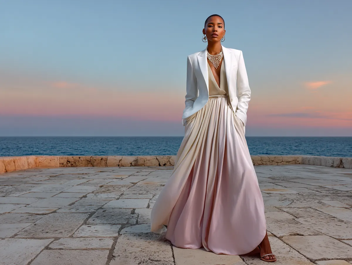 Full-length photo of a supermodel wearing a crisp white blazer draped over a flowing pastel maxi dress with seashell-inspired jewelry standing on a stone terrace overlooking the sea at sunset
