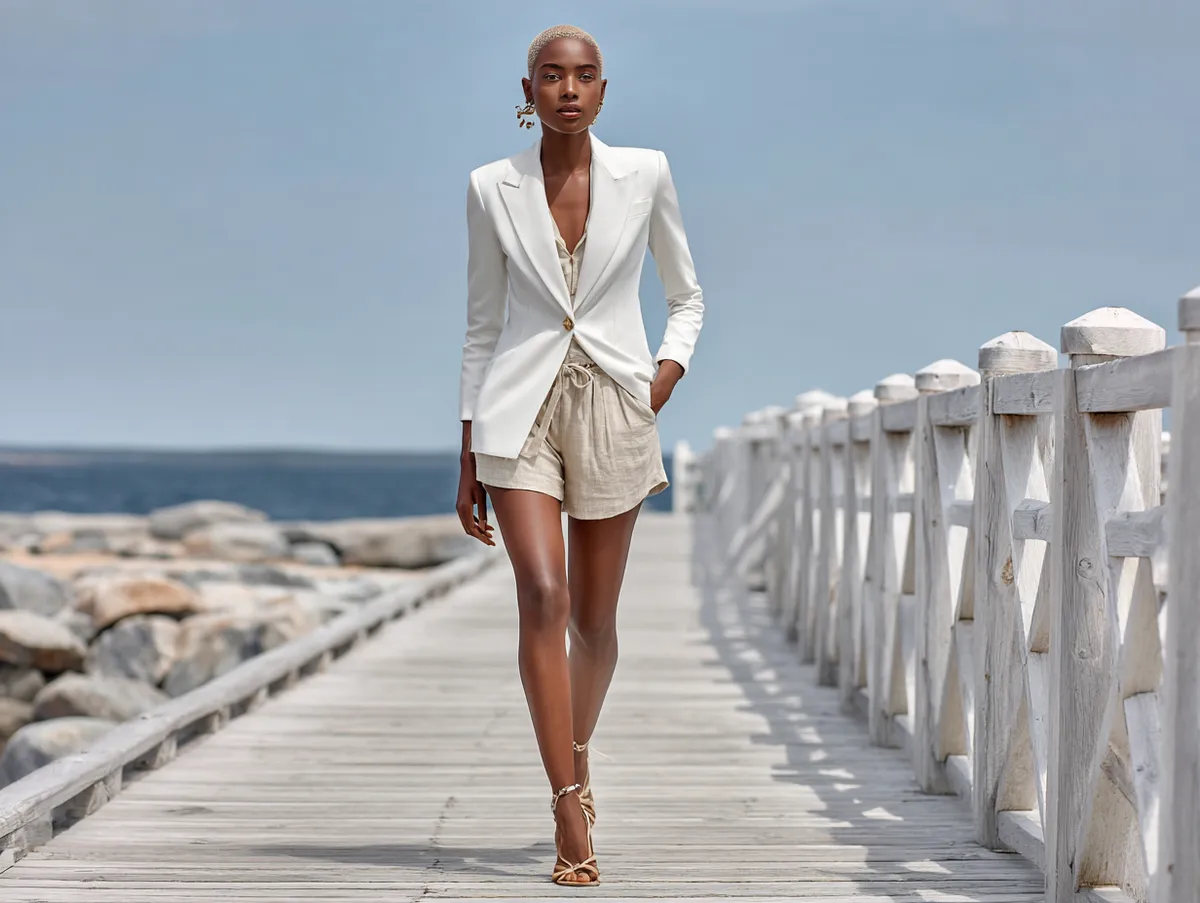 Full-length photo of a supermodel wearing a fitted white blazer paired with beige linen shorts and strappy sandals walking on a coastal boardwalk with the ocean in the background, bright daylight