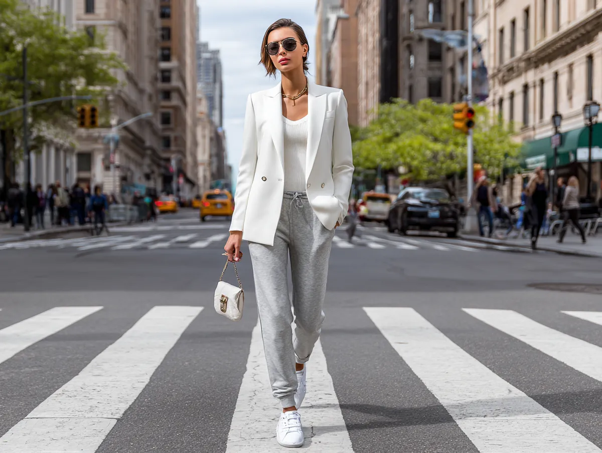 Full-length photo of a supermodel wearing a tailored white blazer with sleek grey joggers, minimal sneakers, and a small crossbody bag walking across a crosswalk in a bustling downtown street, natural daylight