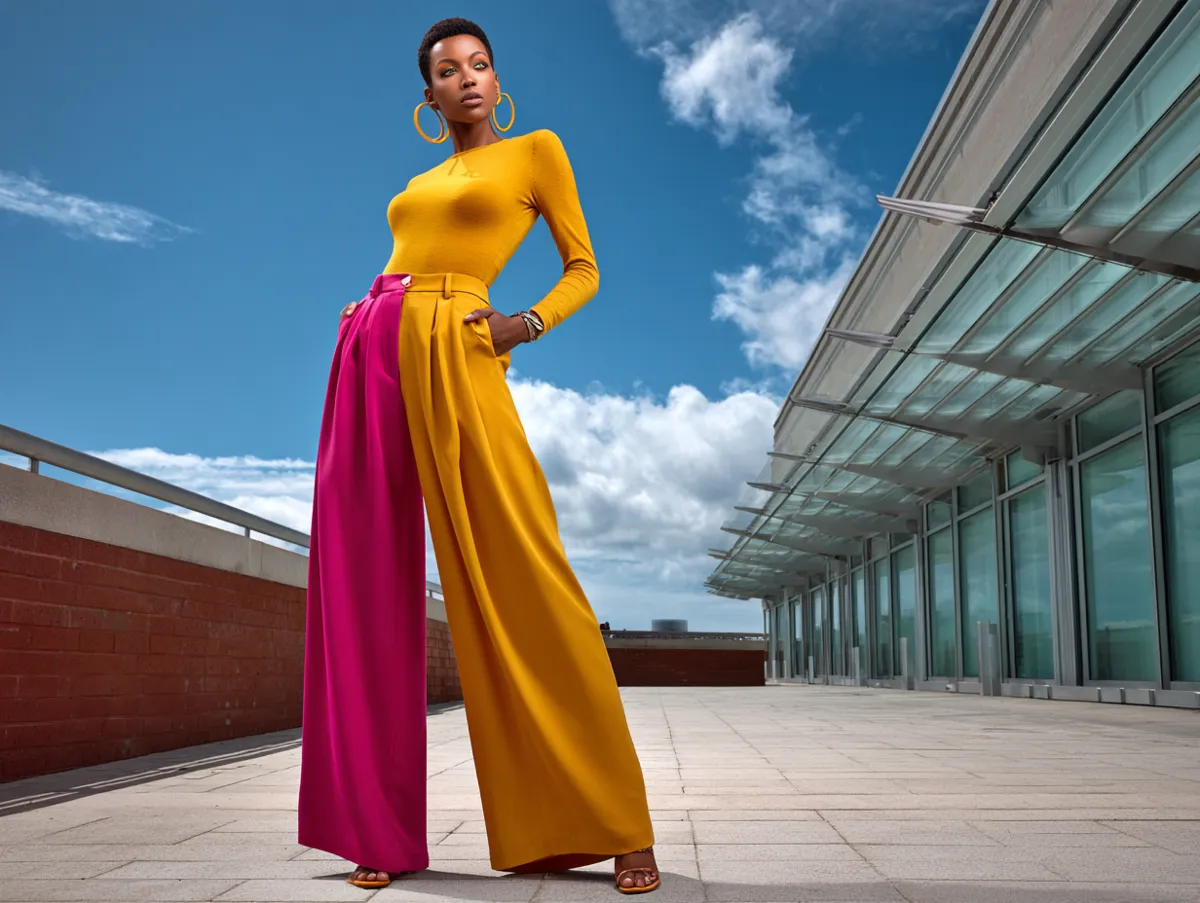 A contemporary clothing catalog shoot of a model wearing wide leg jeans in vivid color blocking, outdoor urban setting, standing pose, modern elegance, confident expression, emphasis on silhouette and fabric flow.