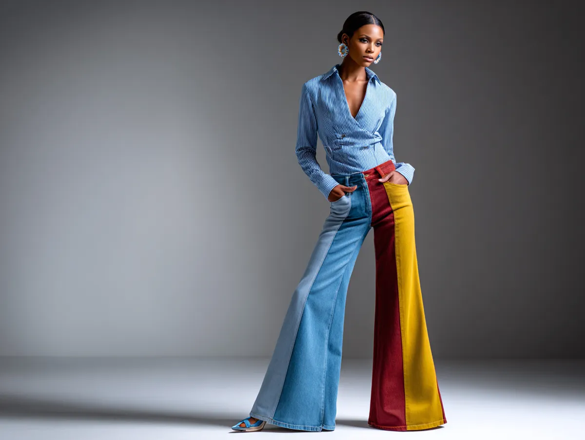 A high-fashion clothing catalog photo shoot featuring a model in wide leg jeans styled in jewel-toned color blocking, elegant indoor studio lighting, standing pose, full-body composition, premium denim textures, refined atmosphere.