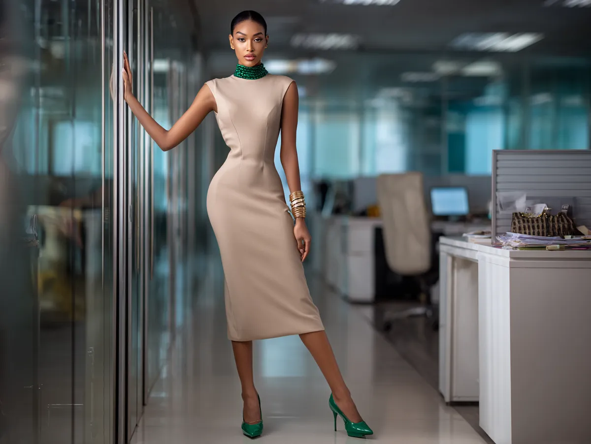 A supermodel in a sleek office space with glass partitions and reflective floors, poised standing pose, elegant beige midi dress paired with emerald green accessories, high fashion editorial lighting, chic and professional mood.