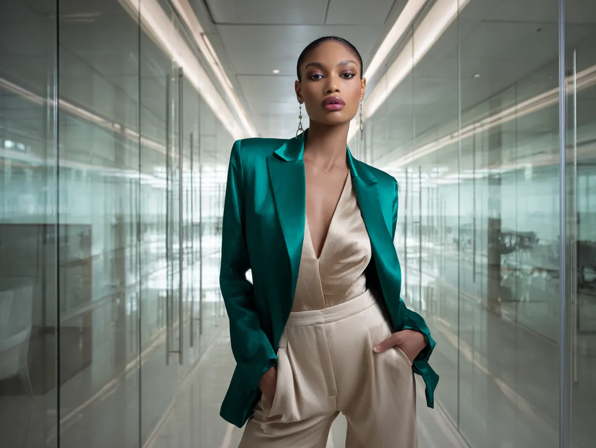 A supermodel in a sleek office space with glass partitions and reflective floors, poised standing pose, emerald green blazer over a beige trouser look, polished editorial lighting, luxury corporate aesthetic, powerful and elegant atmosphere.