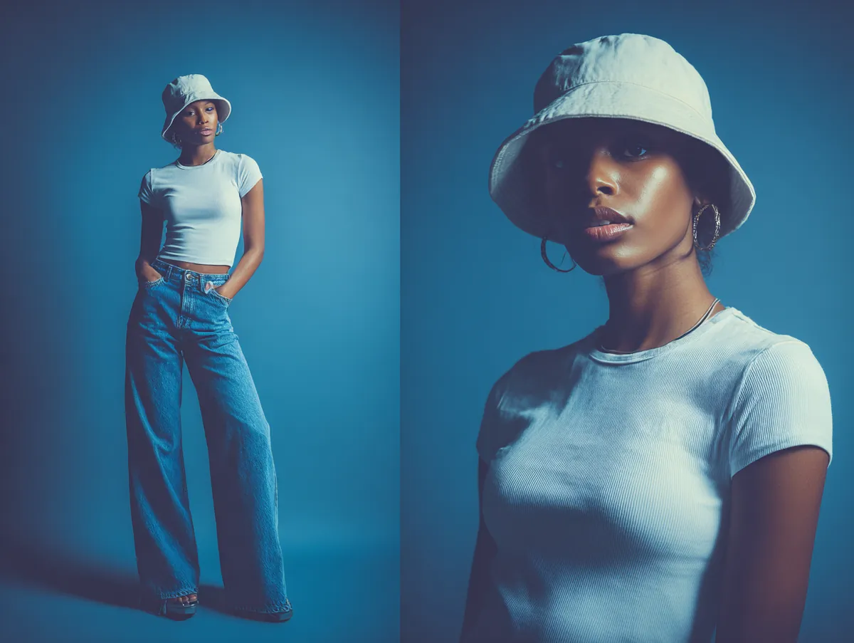 Studio photo shoot for a fashion magazine standing model wearing a soft bucket hat a fitted cropped tee and wide leg denim clean lighting minimal backdrop modern grunge inspired editorial styling full body focus