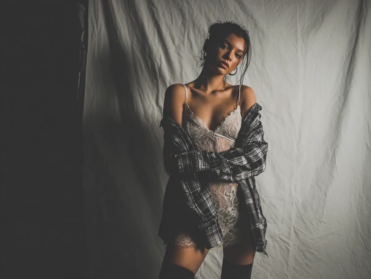 Studio photo shoot for a fashion magazine full body standing model wearing a lace slip layered over a worn flannel shirt soft lighting minimal backdrop grunge inspired styling clean editorial aesthetic