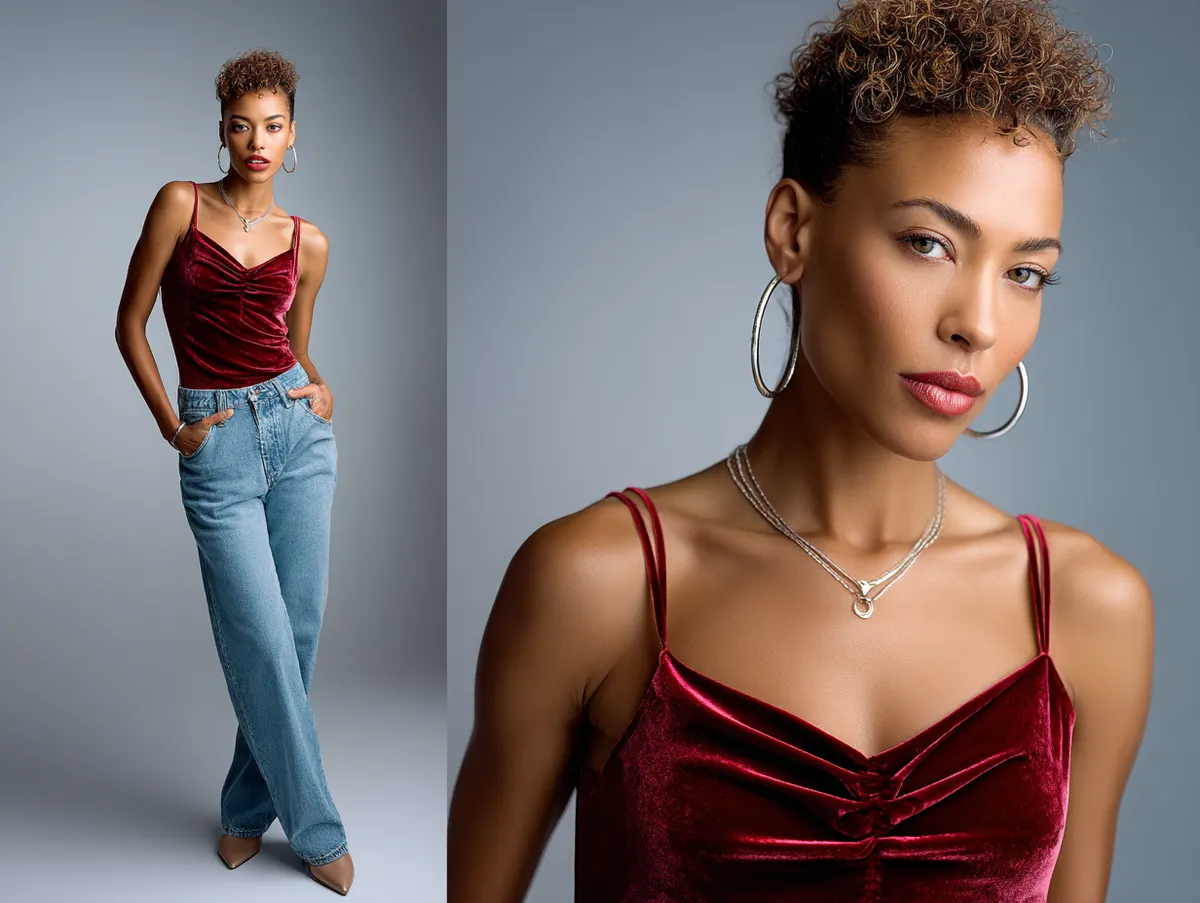 Studio photo shoot for a fashion magazine standing model wearing a velvet camisole layered over a fitted tee with straight leg jeans soft directional light clean set editorial style full body