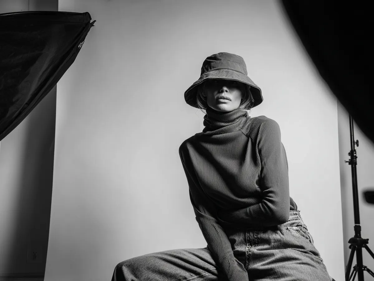 Studio photo shoot for a fashion magazine standing model wearing a structured bucket hat fitted turtleneck layered under a relaxed top and wide leg denim soft light cool tones simple set editorial clarity