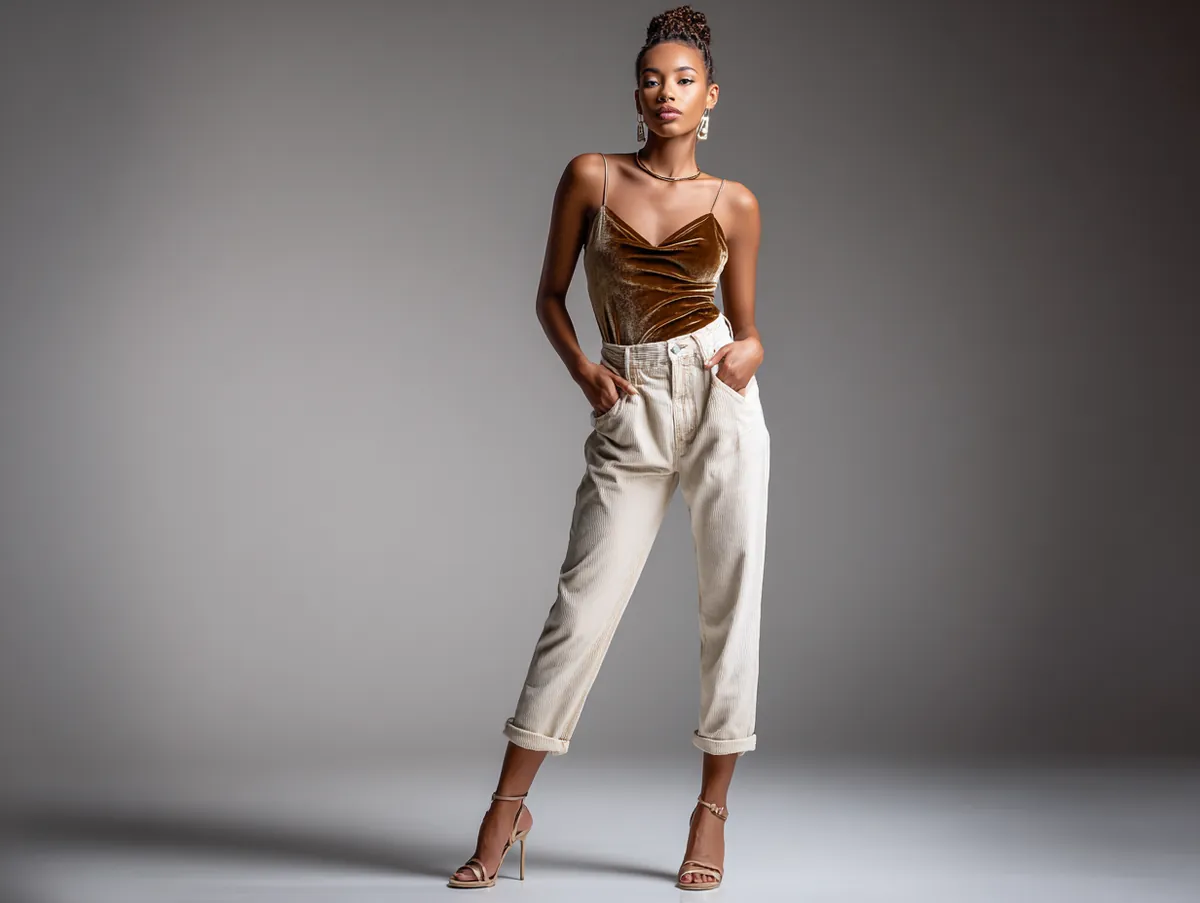 Studio photo shoot for a fashion magazine standing model wearing a velvet camisole and crisp straight leg jeans soft lighting neutral backdrop polished editorial mood full body