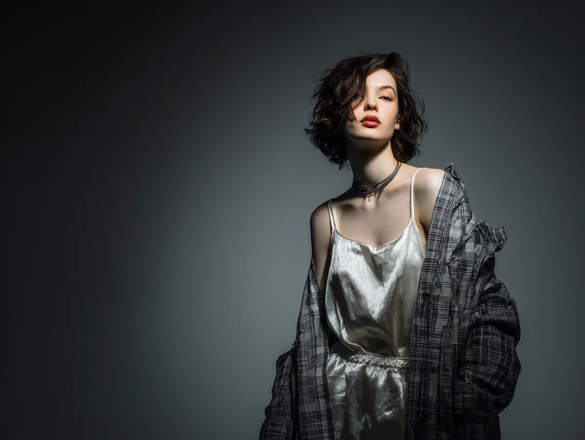 Studio photo shoot for a fashion magazine standing model wearing a satin slip layered over an oversized checked shirt bright but soft lighting minimal set grunge mood refined yet raw style editorial clarity