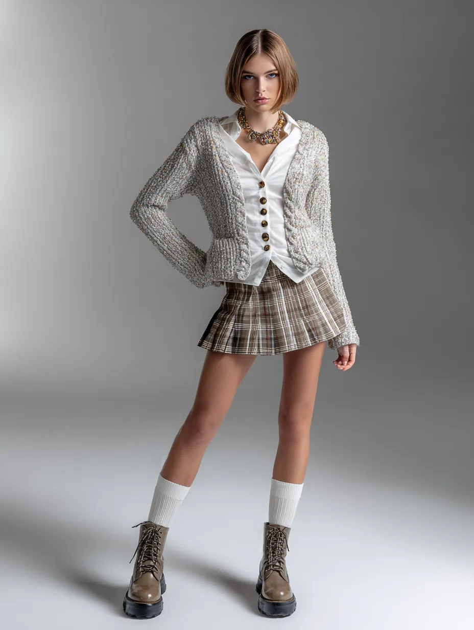 Studio photo shoot for a fashion magazine standing model wearing a sparkle cardigan and a classic mini kilt soft clean lighting simple backdrop polished editorial mood full body