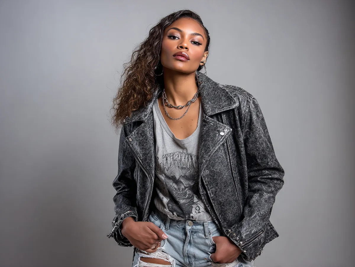 A studio photoshoot featuring a model in ripped denim jeans, a leather jacket, and a vintage band tee, standing confidently in a catalog-style lighting setup, neutral background, 90s party outfit ideas urban fashion look.