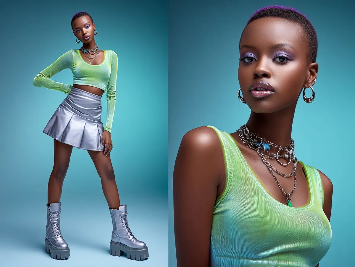 A studio photoshoot of a model in a neon metallic crop top, vinyl mini skirt, and chunky platform boots, standing in confident poses under studio lights, fashion catalog style, sleek background, 90s party outfit ideas aesthetic.