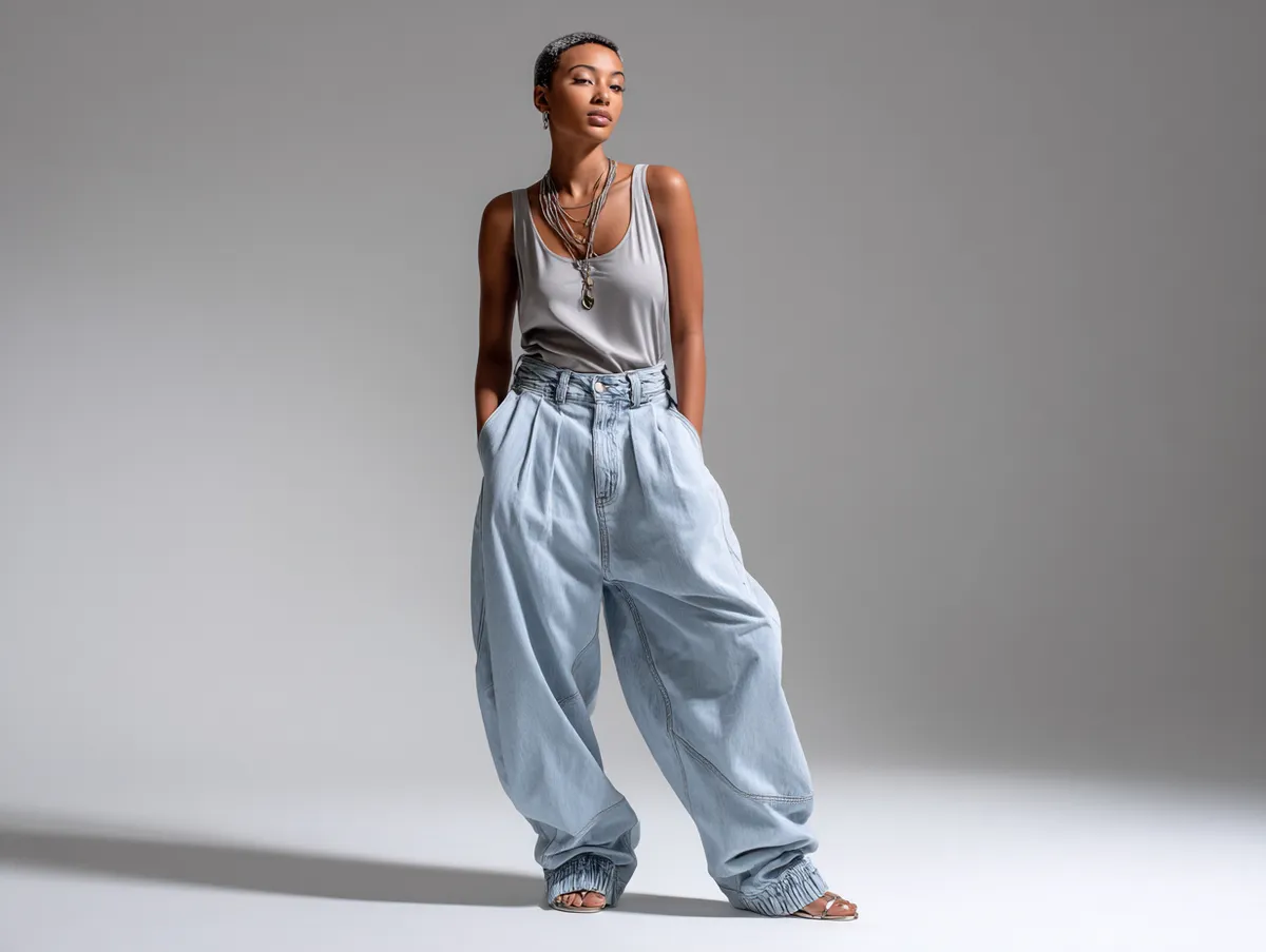 studio fashion catalog photo full-body standing model wearing baggy jeans and neutral streetwear top, white seamless background, balanced lighting, clean styling, minimal makeup, modern look