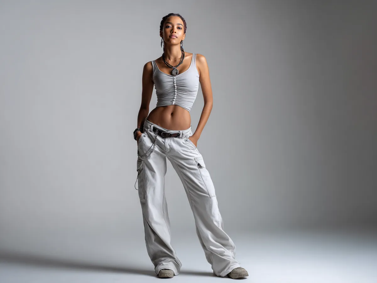 studio photo shoot full-body model in baggy jeans and minimalist top, clean white background, catalog lighting, standing pose, neutral palette, sleek accessories, soft shadows, professional fashion photography style