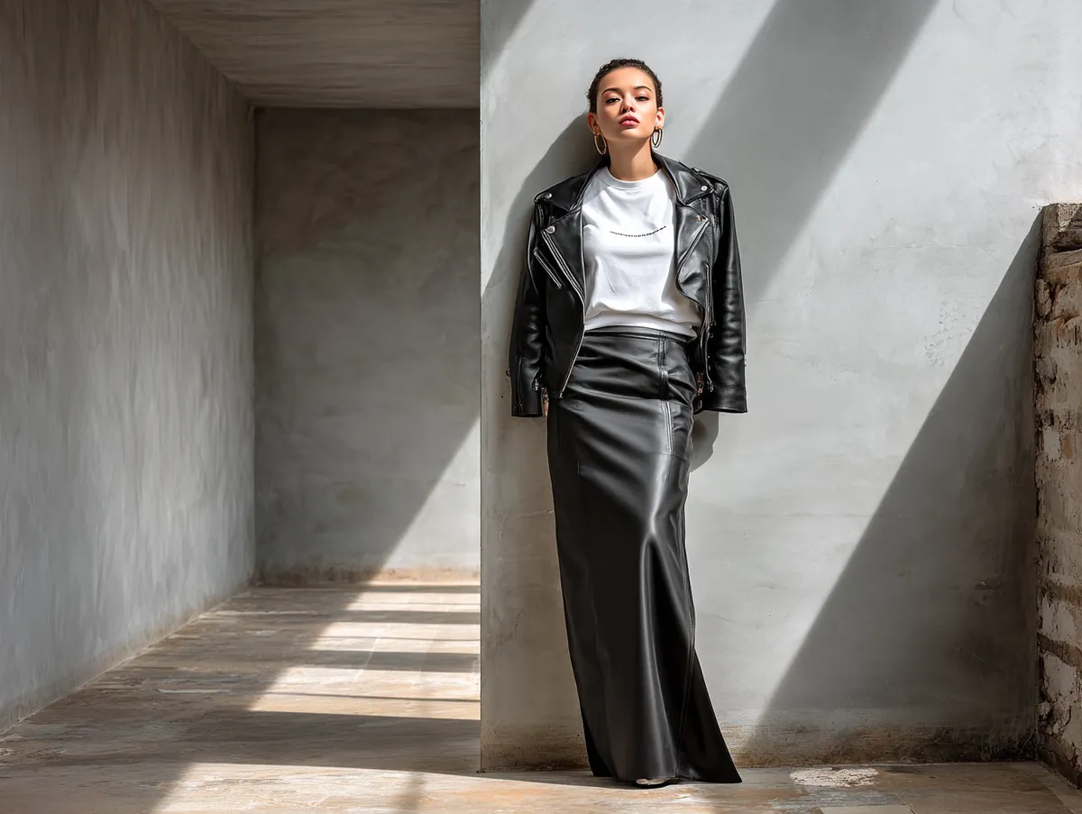 Model in a black long skirt with structured leather jacket and plain white tee, standing in studio environment resembling an urban rooftop, strong posture, minimalist street fashion aesthetic, magazine lighting setup
