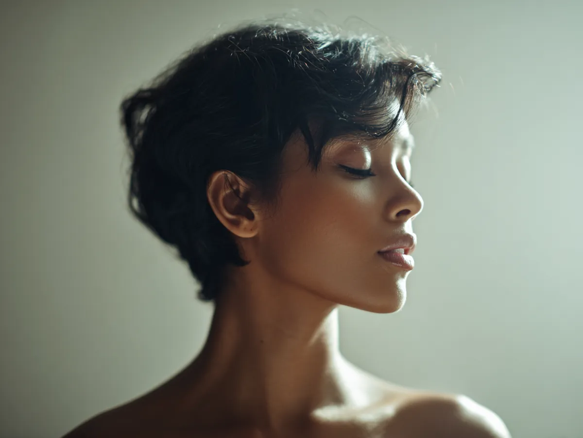 minimalist portrait smooth contour flow using brazilian wool hairstyles soft edges clean lines muted neutrals serene atmosphere precise detailing natural light refined beauty modern simplicity