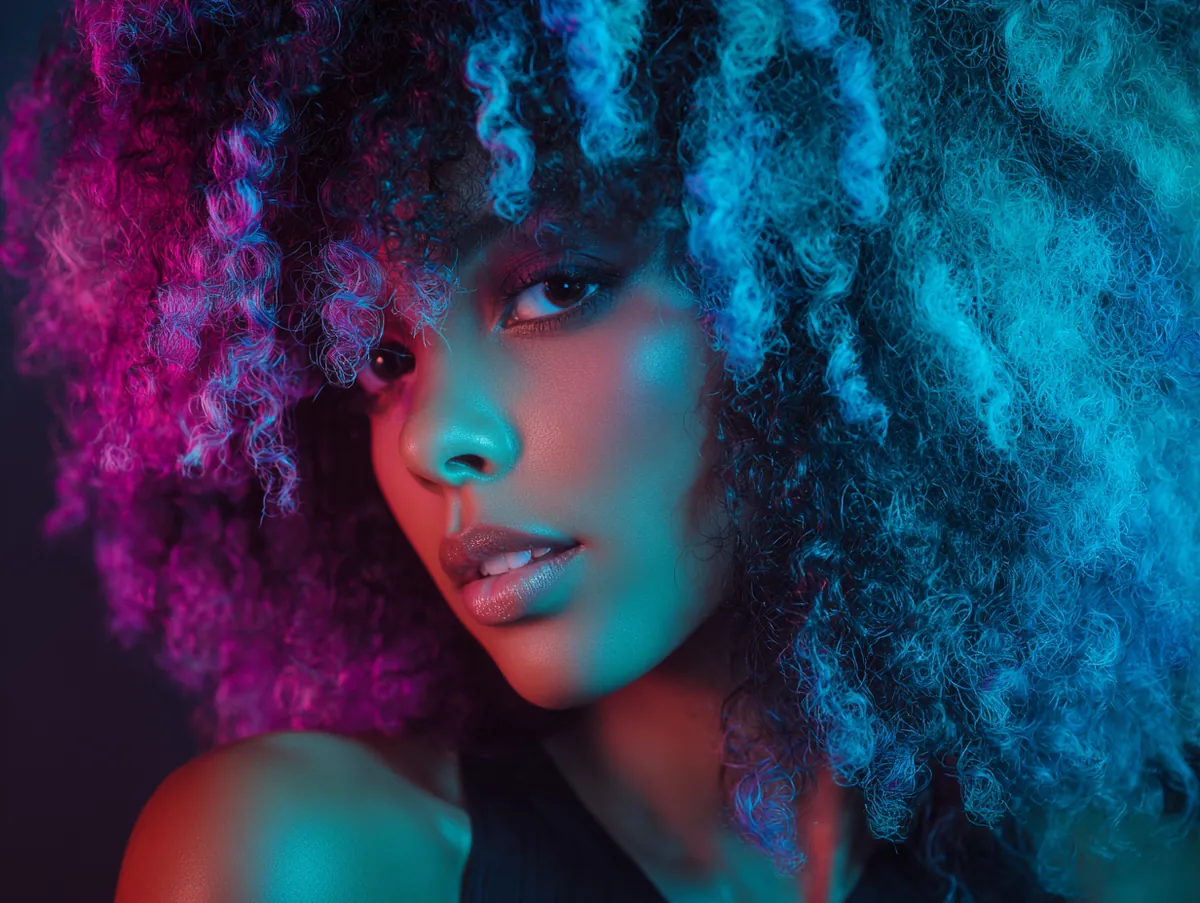 vibrant neon curls using brazilian wool hairstyles glowing club-light atmosphere soft cinematic lighting close-up portrait intricate texture luminous fibers modern afro-fusion beauty editorial styling energetic nightlife vibe