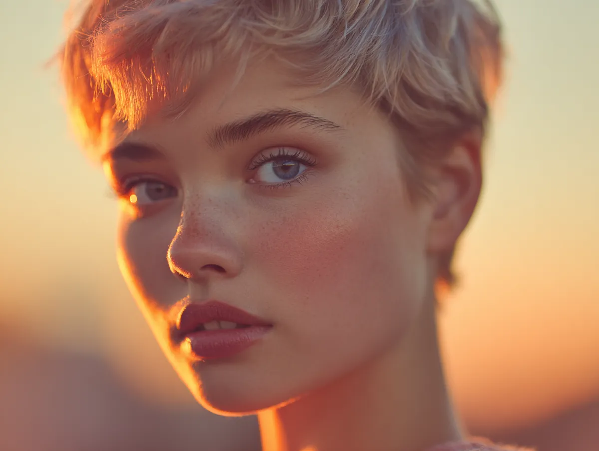 soft blonde woman with warm skin and short hair in a pastel sunrise color blend soft light beauty portrait cinematic photography delicate gradient tones
