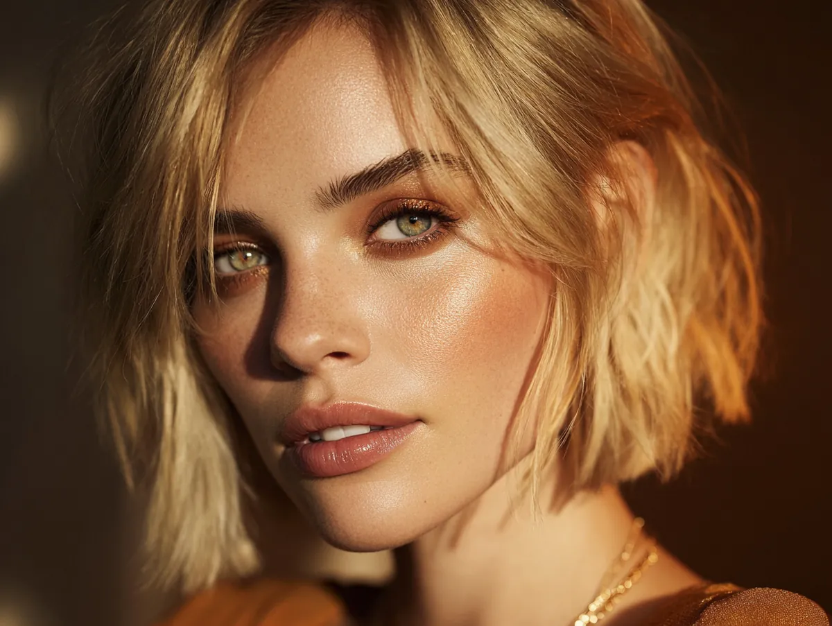 warm skinned blonde woman with short hair in golden apricot shimmer tones glowing light editorial style soft highlights radiant warm palette