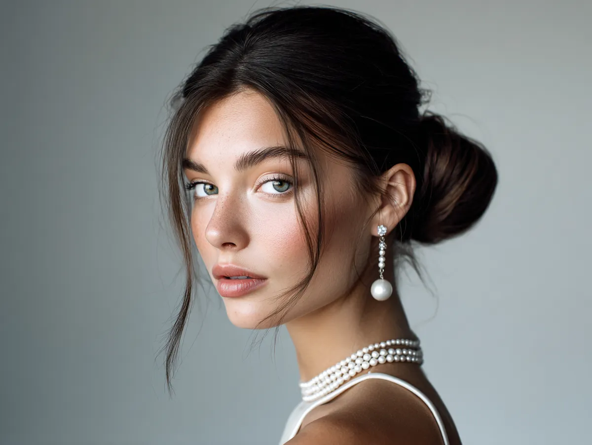 Elegant low twist bun, smooth texture, delicate minimalist makeup, evening dress, pearl earrings, soft cinematic lighting, luxury beauty photography, modern refinement