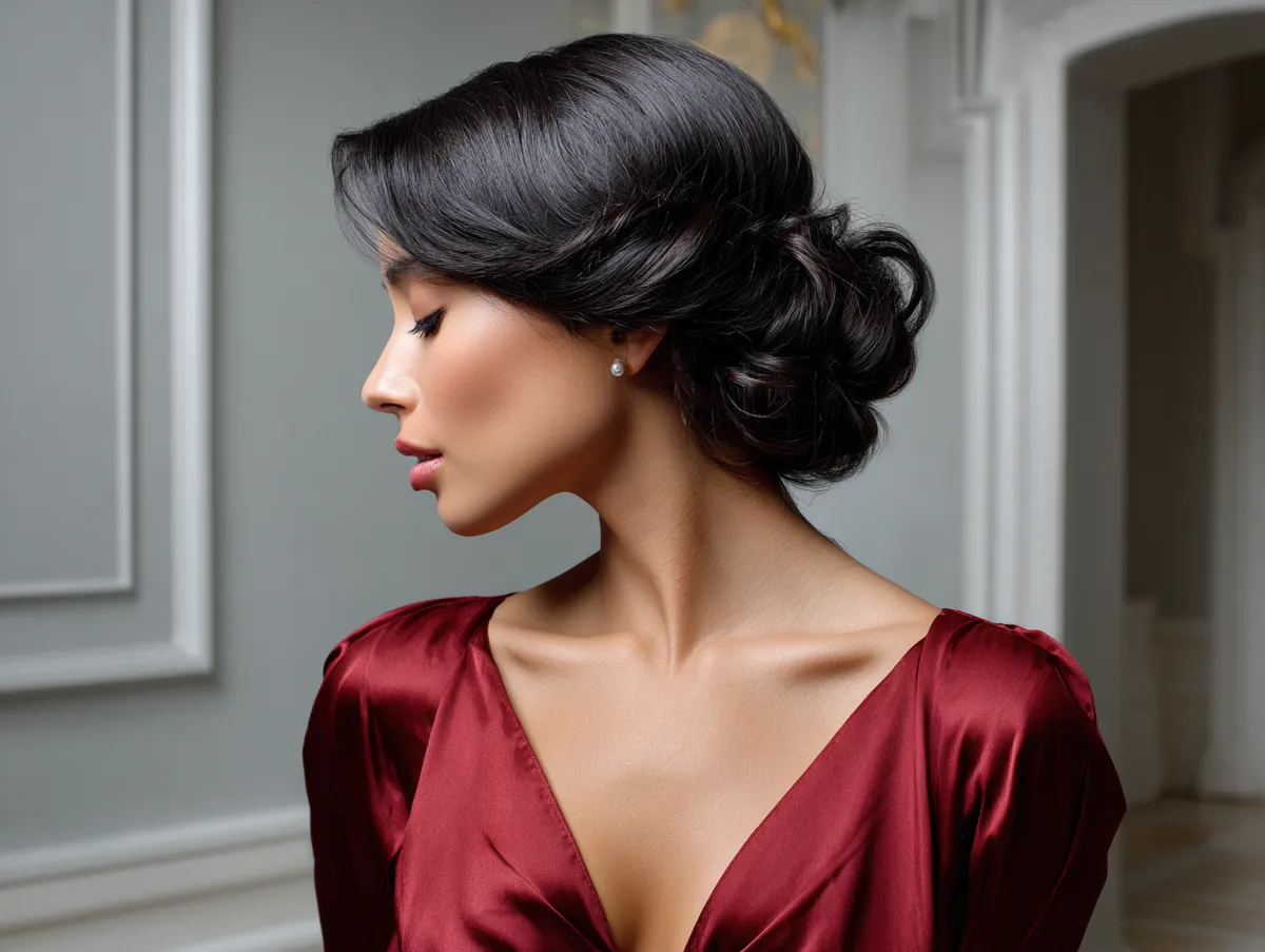 Elegant low bun hairstyle, glossy texture, delicate tendrils, luxurious evening gown, romantic refined styling, premium beauty portrait, modern glamor