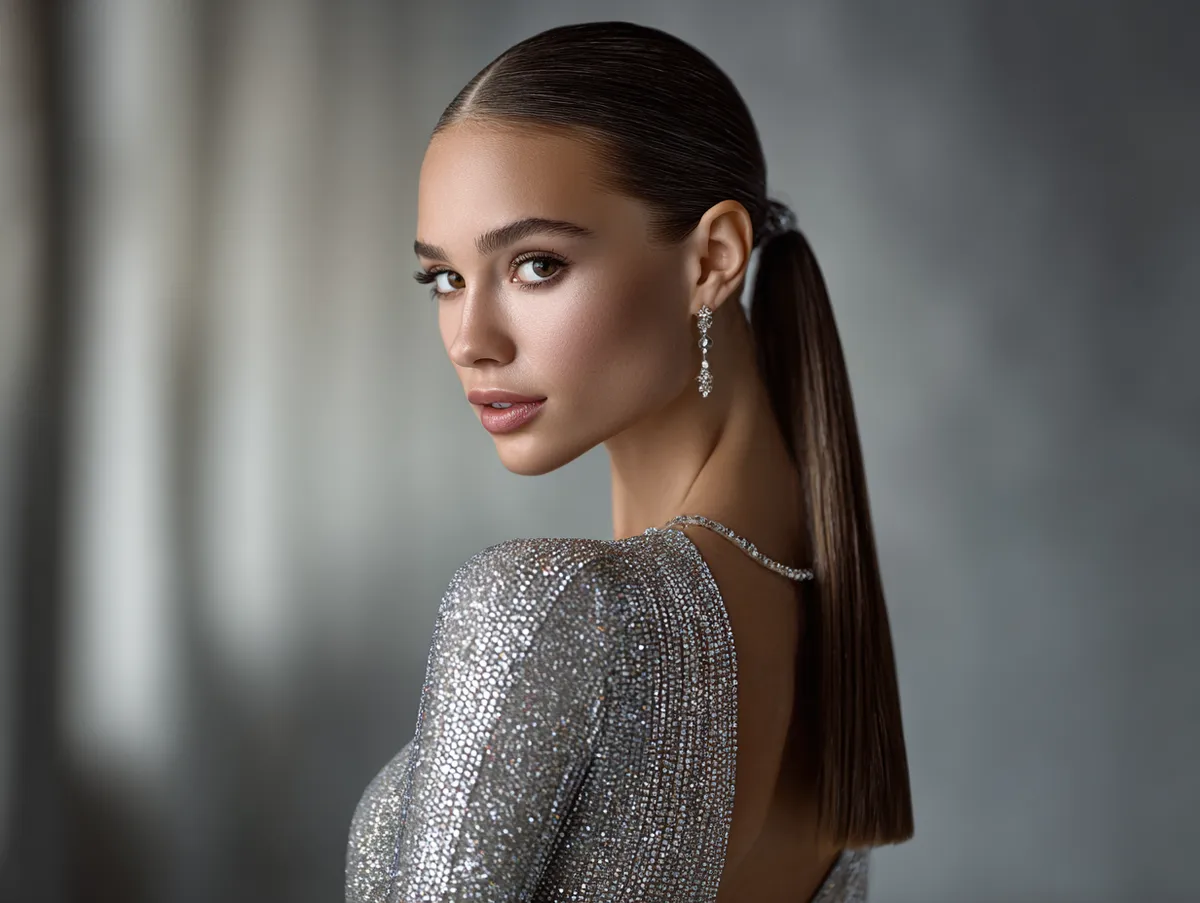 Ultra polished sleek ponytail, glossy texture, minimal evening makeup, elegant gown, luxury fashion lighting, refined beauty portrait, soft bokeh, high-quality photography, modern glamor, gentle highlights in the hair