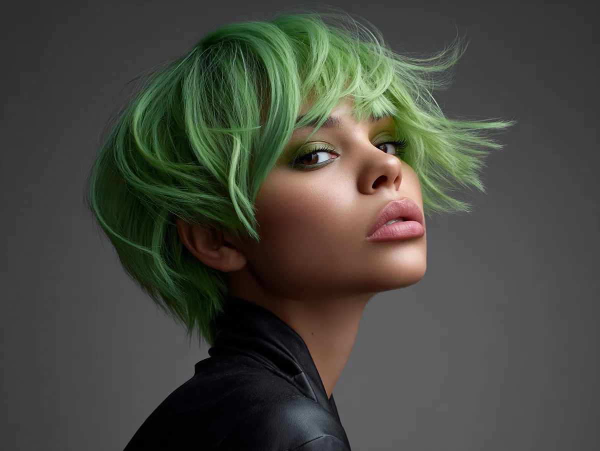 ultra realistic beauty portrait, lifted nape haircut for thin fine hair, neon green hair color, airy movement, clean neckline, cinematic backlighting, glossy strands, editorial mood, high detail 85mm lens