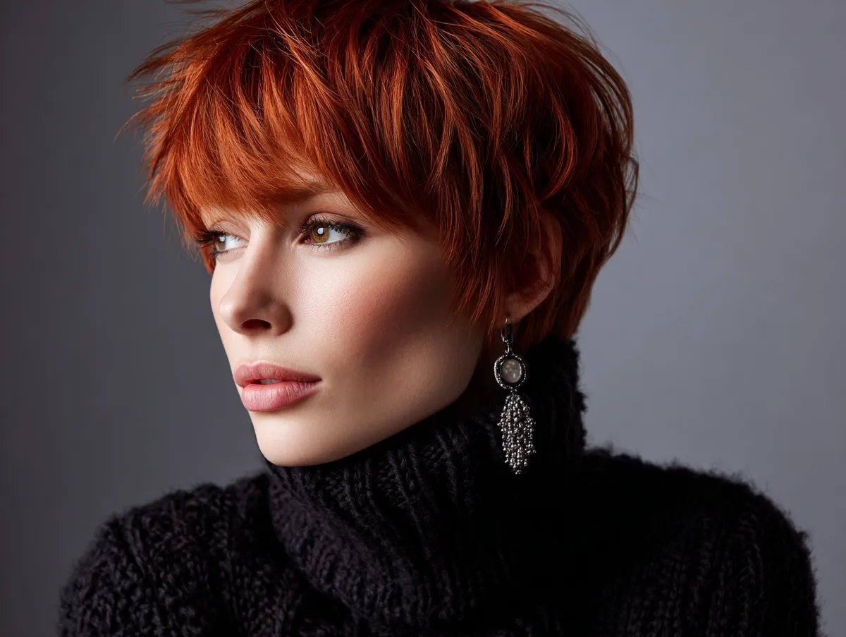 ultra realistic portrait of a woman with short layered French haircut for thin fine hair, feathered texture, bright cherry red hair color, soft movement, elegant European street style, cinematic lighting, 85mm lens, high detail, glossy strands, fashion editorial mood