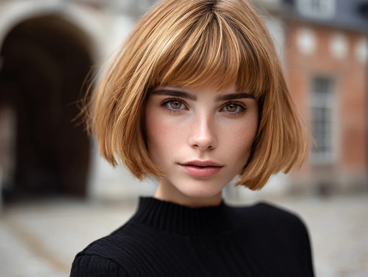 cinematic portrait of woman with tapered bob for thin fine hair, golden peach hair color, sharp clean neckline, soft motion, street style background, high detail, glossy strands, editorial photography