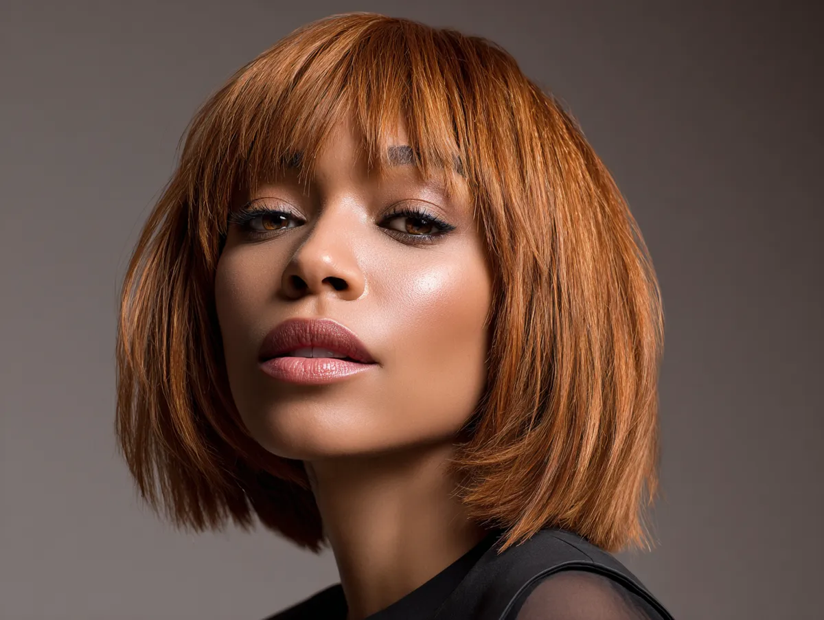 a close-up portrait of a woman with a radiant copper layered bob with bangs, glowing under natural light, warm golden undertones, modern salon look, cinematic lighting, elegant composition